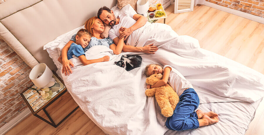 Top view of family bed with mom, dad, two kids and a cat is sleeping